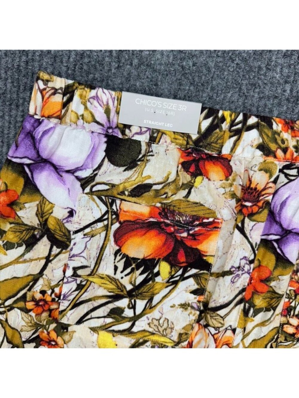 Chicos Pants 100% Linen Elastic Pull On Floral Straight Leg Womens 3 (16R) NEW - Picture 4 of 8
